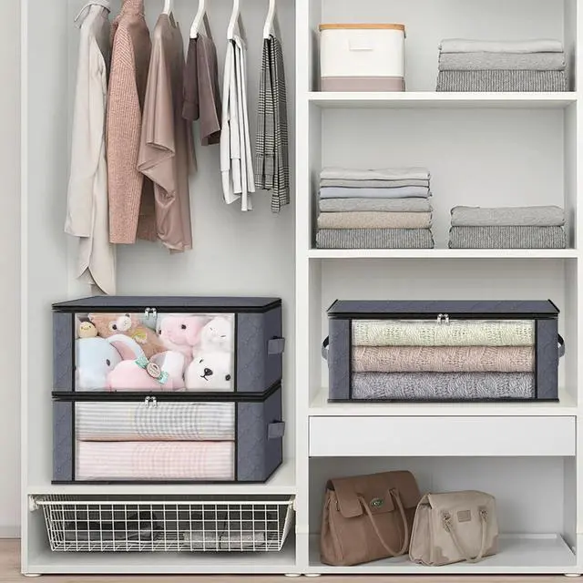 Alt view image 5 of 7 - HomeHacks Storage 4-Pack Clothes Organizer Storage Bags Foldable Storage Box with Large Clear Window Sturdy Handles for Closet, Dorm, Pillows, Bedding, Clothes, Stuffed Toys, Blankets, Grey