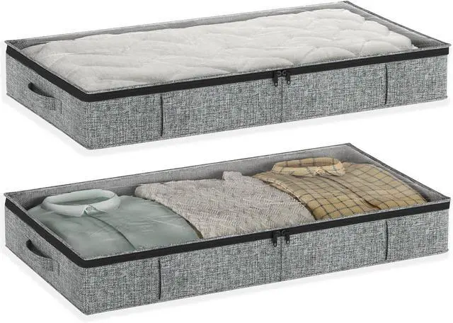 Main image of Gray Low Profile Under Bed Storage Containers 5 inches high, 33.8"x 17.7"x 5.1", Sturdy Underbed Shoe Storage Organizer, Foldable Fabric Under the Bed Storage Bins - Pack of 2