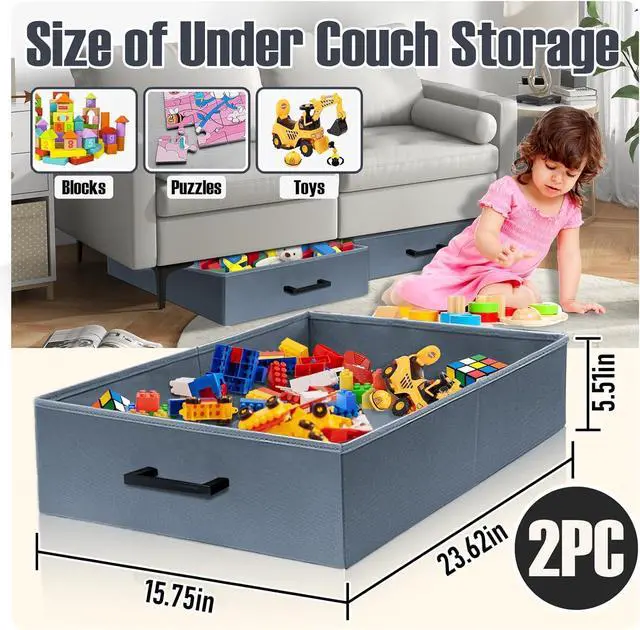 Alt view image 2 of 7 - Foldable Under Sofa Storage - 2 Pack Under Couch Containers (23.62*15.75*5.51in) For Toys, Blocks, Puzzles, Plush Dolls, Books