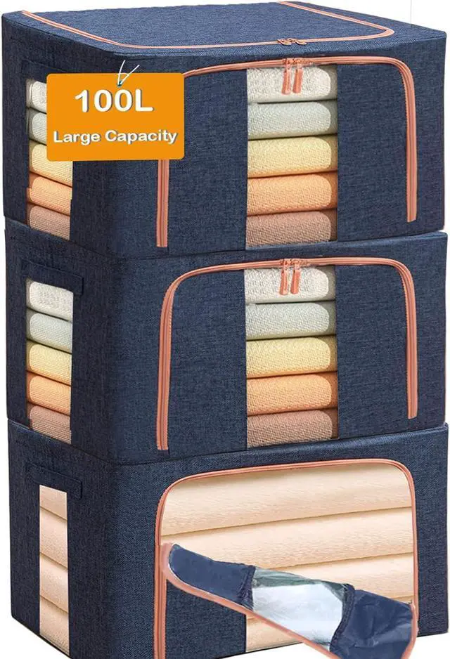 Main image of Large Capacity Clothes Storage Bags,Stackable Storage Organizer with Foldable Metal Frame, Zipper, Handles, Clear Window, Navy, 3 Pack)