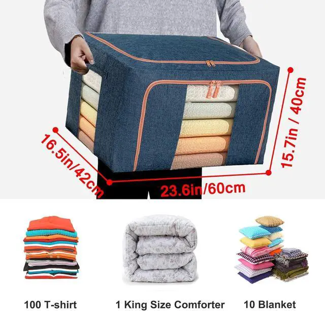 Alt view image 2 of 7 - Large Capacity Clothes Storage Bags,Stackable Storage Organizer with Foldable Metal Frame, Zipper, Handles, Clear Window, Navy, 3 Pack)