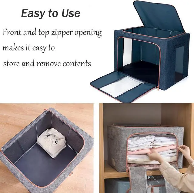 Alt view image 4 of 7 - Large Capacity Clothes Storage Bags,Stackable Storage Organizer with Foldable Metal Frame, Zipper, Handles, Clear Window, Navy, 3 Pack)