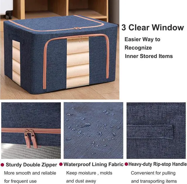 Alt view image 6 of 7 - Large Capacity Clothes Storage Bags,Stackable Storage Organizer with Foldable Metal Frame, Zipper, Handles, Clear Window, Navy, 3 Pack)