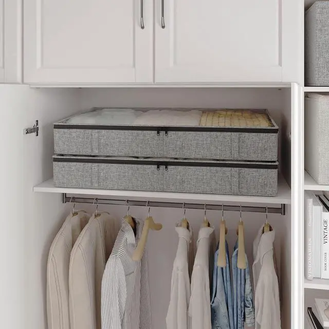 Alt view image 4 of 7 - Gray Low Profile Under Bed Storage Containers 5 inches high, 33.8"x 17.7"x 5.1", Sturdy Underbed Shoe Storage Organizer, Foldable Fabric Under the Bed Storage Bins - Pack of 2