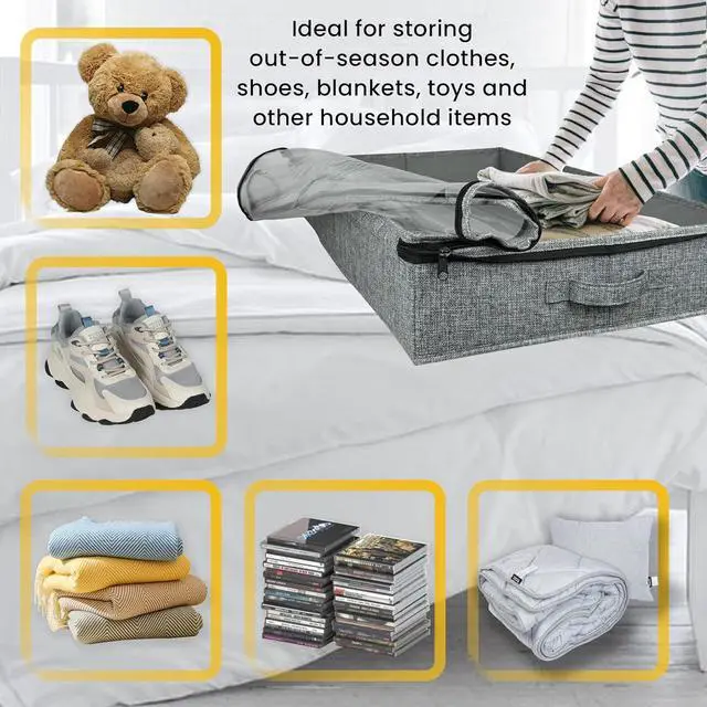 Alt view image 2 of 7 - Gray Low Profile Under Bed Storage Containers 5 inches high, 33.8"x 17.7"x 5.1", Sturdy Underbed Shoe Storage Organizer, Foldable Fabric Under the Bed Storage Bins - Pack of 2