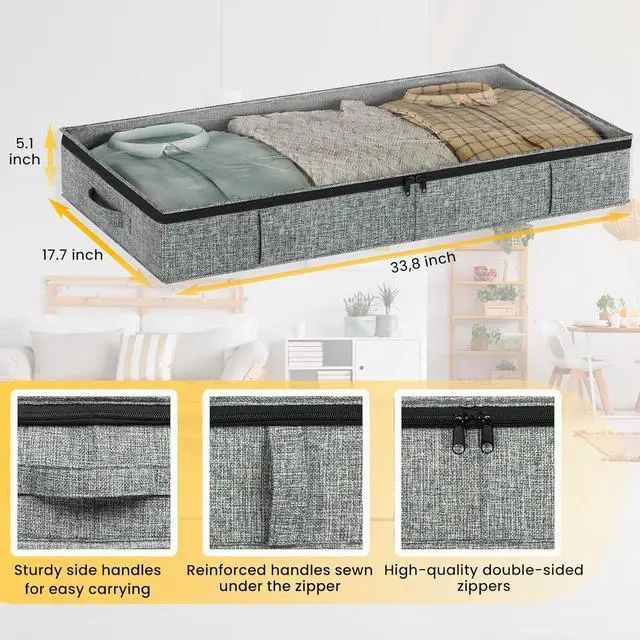 Alt view image 3 of 7 - Gray Low Profile Under Bed Storage Containers 5 inches high, 33.8"x 17.7"x 5.1", Sturdy Underbed Shoe Storage Organizer, Foldable Fabric Under the Bed Storage Bins - Pack of 2