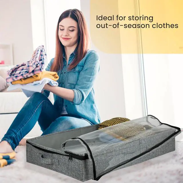 Alt view image 5 of 7 - Gray Low Profile Under Bed Storage Containers 5 inches high, 33.8"x 17.7"x 5.1", Sturdy Underbed Shoe Storage Organizer, Foldable Fabric Under the Bed Storage Bins - Pack of 2