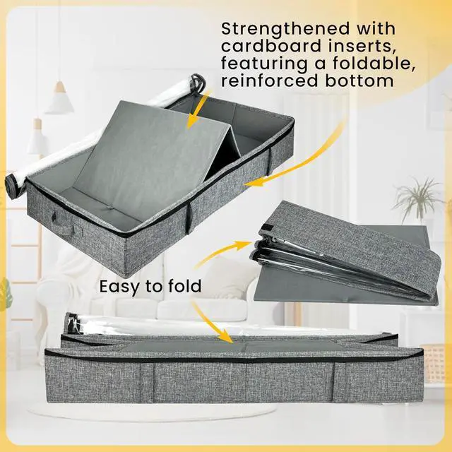 Alt view image 7 of 7 - Gray Low Profile Under Bed Storage Containers 5 inches high, 33.8"x 17.7"x 5.1", Sturdy Underbed Shoe Storage Organizer, Foldable Fabric Under the Bed Storage Bins - Pack of 2