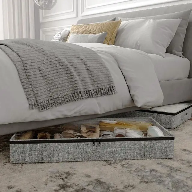 Alt view image 6 of 7 - Gray Low Profile Under Bed Storage Containers 5 inches high, 33.8"x 17.7"x 5.1", Sturdy Underbed Shoe Storage Organizer, Foldable Fabric Under the Bed Storage Bins - Pack of 2
