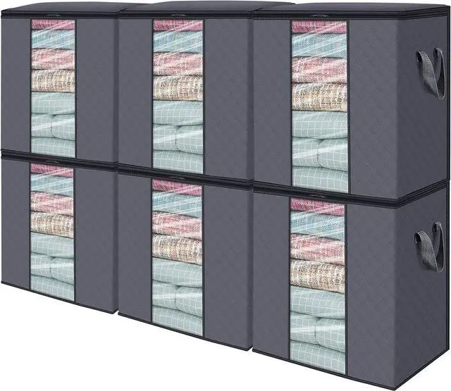 Main image of WISELIFE Clothes Storage Bags 6 Pack/100L Large Blanket Clothes Organization and Storage Containers for Bedding, Comforters, Foldable 3 Layer Fabric, Reinforced Handle, Sturdy & Clear Window, Grey