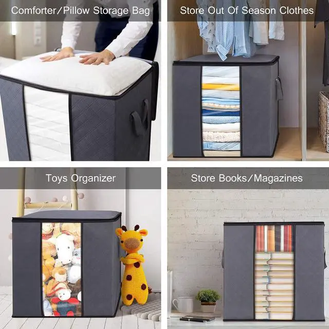 Alt view image 3 of 7 - WISELIFE Clothes Storage Bags 6 Pack/100L Large Blanket Clothes Organization and Storage Containers for Bedding, Comforters, Foldable 3 Layer Fabric, Reinforced Handle, Sturdy & Clear Window, Grey