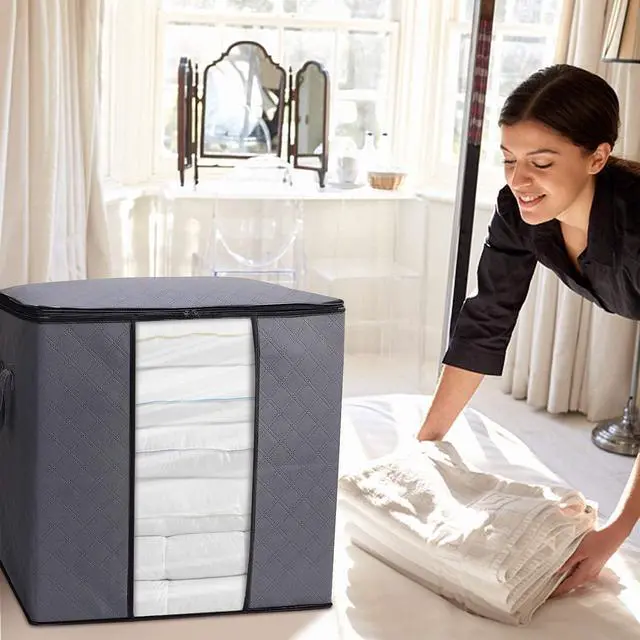 Alt view image 7 of 7 - WISELIFE Clothes Storage Bags 6 Pack/100L Large Blanket Clothes Organization and Storage Containers for Bedding, Comforters, Foldable 3 Layer Fabric, Reinforced Handle, Sturdy & Clear Window, Grey