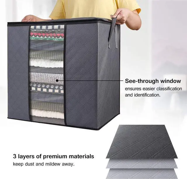 Alt view image 5 of 7 - WISELIFE Clothes Storage Bags 6 Pack/100L Large Blanket Clothes Organization and Storage Containers for Bedding, Comforters, Foldable 3 Layer Fabric, Reinforced Handle, Sturdy & Clear Window, Grey