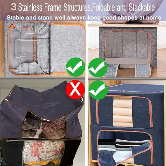 Alt view image 3 of 6 - Clothes Storage Bags - Stackable Organizer with Foldable Shape Keeping Metal Frame, Zipper, Handles, Clear Window, Storage Container Box for Blanket, Sweater, Pillow Seasonal Clothing (66L x 2 Pack,