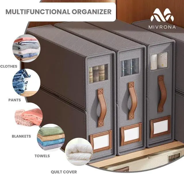 Alt view image 5 of 7 - Pack of 4 Bed Sheet Organizers and Storage - Foldable Storage Box with Label holder & Clear Window  Durable Fabric, Perfect for Closets & Easy Organization - For Sheets, Blankets & Towels (Gray)