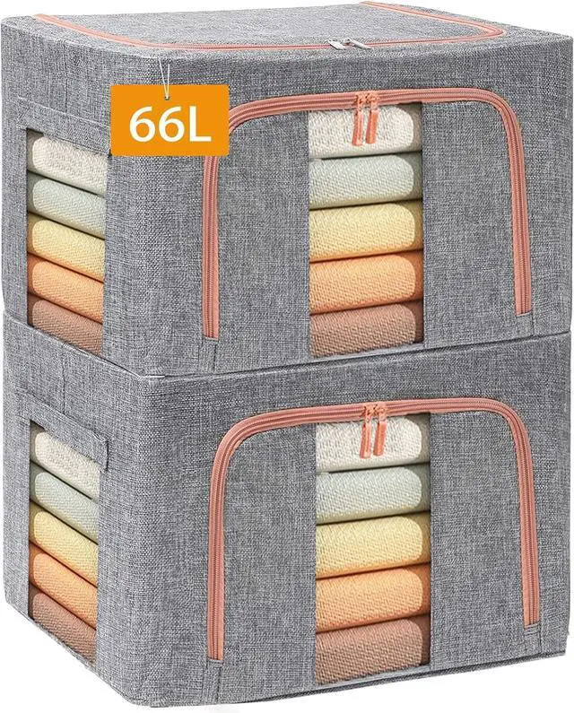 Main image of Clothes Storage Organizer - Stackable Storage Bags with Foldable Metal Frame, Zipper, Handles, Clear Window, Storage Container Box for Blanket Sweater Comforter Pillow (66L, Gray, 2 Pack)