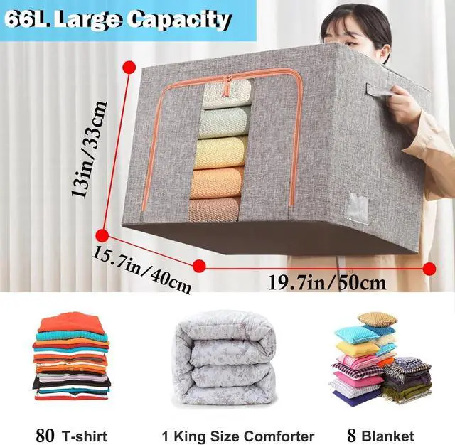 Alt view image 2 of 7 - Clothes Storage Organizer - Stackable Storage Bags with Foldable Metal Frame, Zipper, Handles, Clear Window, Storage Container Box for Blanket Sweater Comforter Pillow (66L, Gray, 2 Pack)