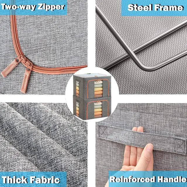 Alt view image 7 of 7 - Clothes Storage Organizer - Stackable Storage Bags with Foldable Metal Frame, Zipper, Handles, Clear Window, Storage Container Box for Blanket Sweater Comforter Pillow (66L, Gray, 2 Pack)