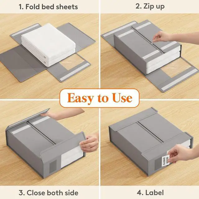 Alt view image 2 of 7 - Lifewit 4 Pack Bed Sheet Organizer, Foldable Bedding Sheet Organizers and Storage with Large Clear Window and Label, Sheets Organizer for Linen Closet, Storage Box Bins with Lids for Duvet Cover Set