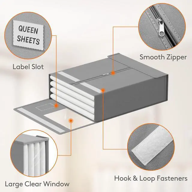 Alt view image 5 of 7 - Lifewit 4 Pack Bed Sheet Organizer, Foldable Bedding Sheet Organizers and Storage with Large Clear Window and Label, Sheets Organizer for Linen Closet, Storage Box Bins with Lids for Duvet Cover Set