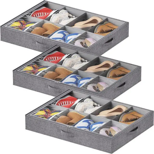 Main image of Lifewit Under Bed Shoe Storage Organizer Fits 8 Pair Sneakers, 4.3 Inches Tall Sturdy Structure Ultra Thick Fabic Sneaker Storage, Foldable Underbed Shoe Boxes for Heels, Boots, Sports Shoes 3 Pack