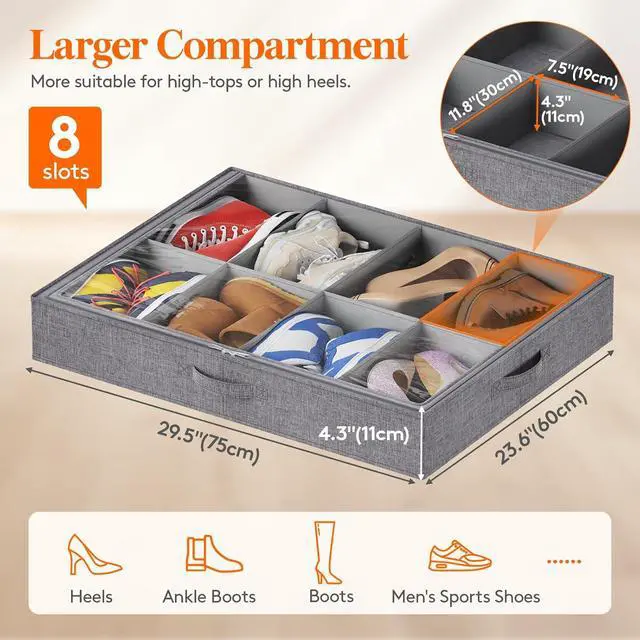 Alt view image 3 of 7 - Lifewit Under Bed Shoe Storage Organizer Fits 8 Pair Sneakers, 4.3 Inches Tall Sturdy Structure Ultra Thick Fabic Sneaker Storage, Foldable Underbed Shoe Boxes for Heels, Boots, Sports Shoes 3 Pack
