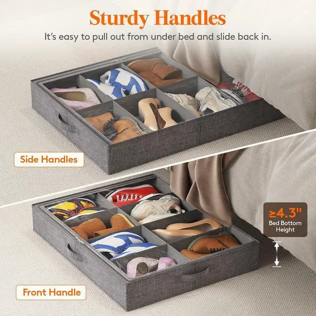Alt view image 6 of 7 - Lifewit Under Bed Shoe Storage Organizer Fits 8 Pair Sneakers, 4.3 Inches Tall Sturdy Structure Ultra Thick Fabic Sneaker Storage, Foldable Underbed Shoe Boxes for Heels, Boots, Sports Shoes 3 Pack