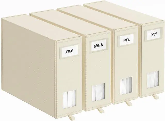 Main image of Fixwal 4 Pack Bed Sheet Organizers and Storage Foldable Box for Linen Closet, (Queen & King Size) Bedding Set Containers for Blanket Comforter Pillow Cube with Window and Label, Beige