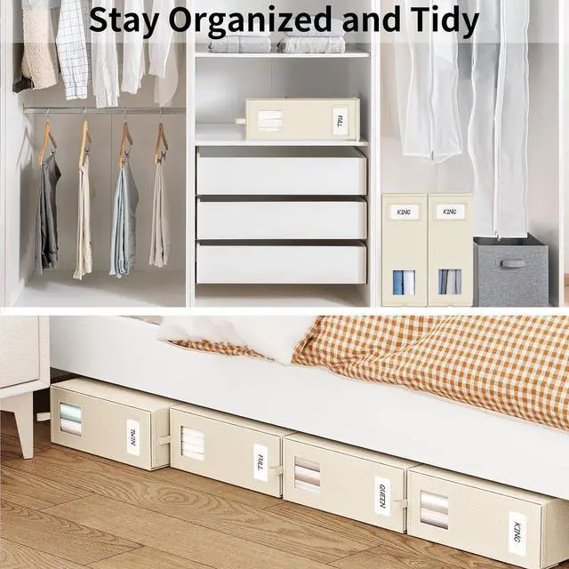 Alt view image 2 of 7 - Fixwal 4 Pack Bed Sheet Organizers and Storage Foldable Box for Linen Closet, (Queen & King Size) Bedding Set Containers for Blanket Comforter Pillow Cube with Window and Label, Beige