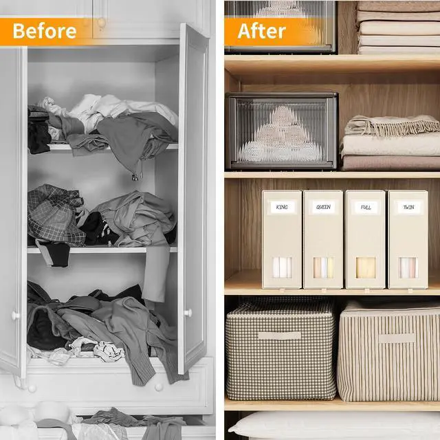 Alt view image 4 of 7 - Fixwal 4 Pack Bed Sheet Organizers and Storage Foldable Box for Linen Closet, (Queen & King Size) Bedding Set Containers for Blanket Comforter Pillow Cube with Window and Label, Beige