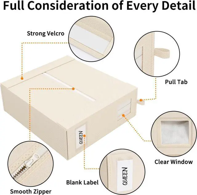 Alt view image 5 of 7 - Fixwal 4 Pack Bed Sheet Organizers and Storage Foldable Box for Linen Closet, (Queen & King Size) Bedding Set Containers for Blanket Comforter Pillow Cube with Window and Label, Beige