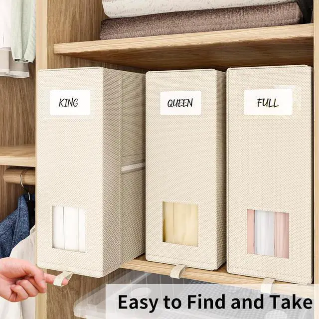 Alt view image 7 of 7 - Fixwal 4 Pack Bed Sheet Organizers and Storage Foldable Box for Linen Closet, (Queen & King Size) Bedding Set Containers for Blanket Comforter Pillow Cube with Window and Label, Beige