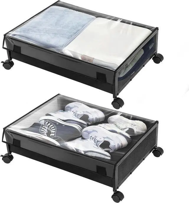 Main image of YORKING Under Bed Storage Containers Drawers -Under-bed cart on wheels with lining and dust cover,Clothes Shoes Organizer with Bags & Zippers, Clear Window & Solid Fabric,2 Pack (Black/S