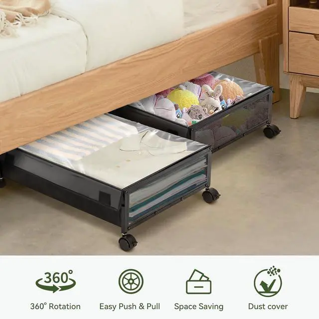 Alt view image 5 of 7 - YORKING Under Bed Storage Containers Drawers -Under-bed cart on wheels with lining and dust cover,Clothes Shoes Organizer with Bags & Zippers, Clear Window & Solid Fabric,2 Pack (Black/S
