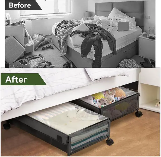 Alt view image 6 of 7 - YORKING Under Bed Storage Containers Drawers -Under-bed cart on wheels with lining and dust cover,Clothes Shoes Organizer with Bags & Zippers, Clear Window & Solid Fabric,2 Pack (Black/S