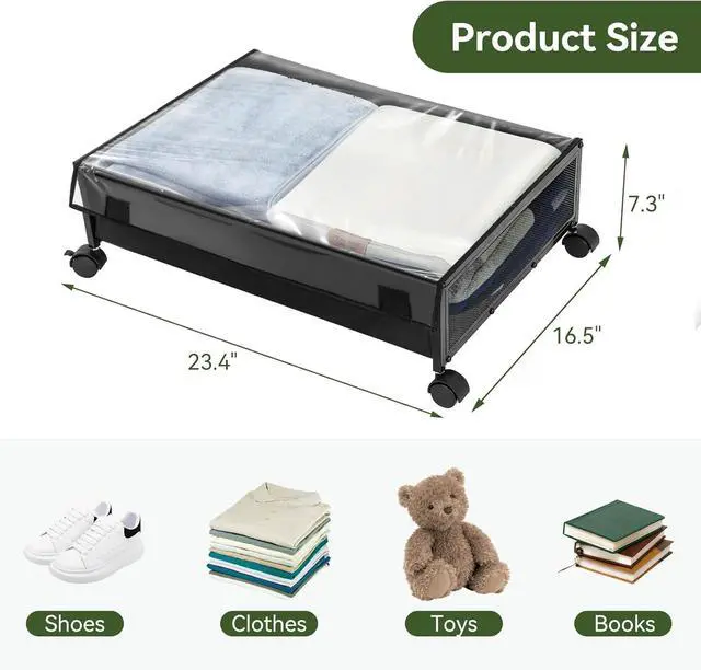 Alt view image 2 of 7 - YORKING Under Bed Storage Containers Drawers -Under-bed cart on wheels with lining and dust cover,Clothes Shoes Organizer with Bags & Zippers, Clear Window & Solid Fabric,2 Pack (Black/S