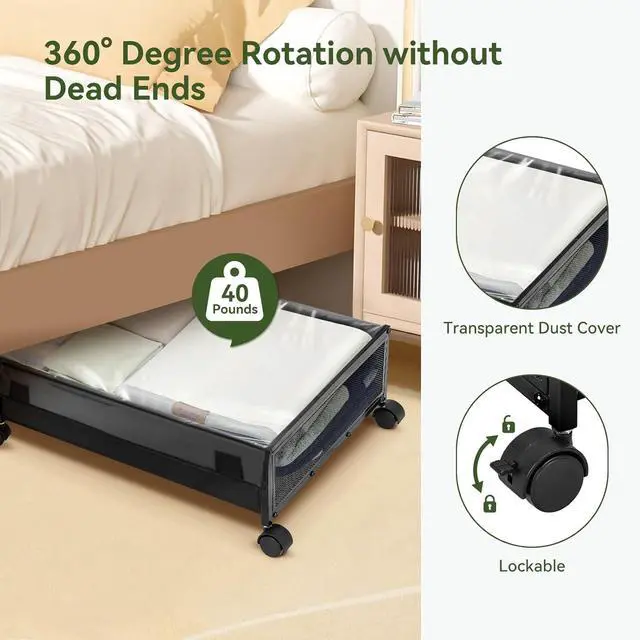 Alt view image 3 of 7 - YORKING Under Bed Storage Containers Drawers -Under-bed cart on wheels with lining and dust cover,Clothes Shoes Organizer with Bags & Zippers, Clear Window & Solid Fabric,2 Pack (Black/S