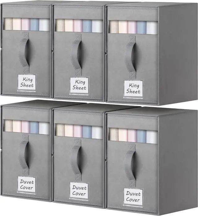 Main image of 6 Pack Large Bed Sheet Organizers and Storage, (King & Queen Size) Sheet Organizer for Linen Closet, Foldable Bedding Storage Box with Window for Bedsheets, Blanket, Duvet Cover Grey