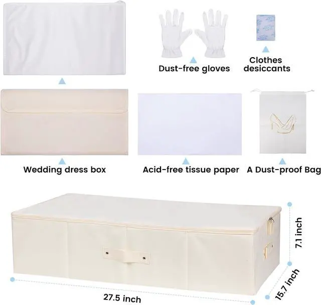 Alt view image 5 of 7 - Wedding Dress Storage Box Kit with 20 Sheets of Acid Free Tissue Paper,Dust-proof Shoe Bag,Dust-free White Gloves,Breathable Foldable Heirloom Wedding Gown Preservation Box - Bride Musthaves Beige