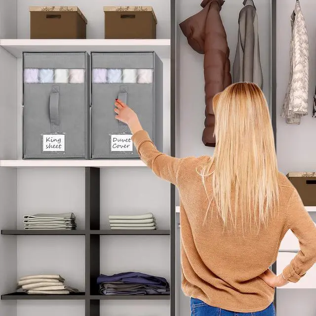 Alt view image 2 of 6 - 6 Pack Large Bed Sheet Organizers and Storage, (King & Queen Size) Sheet Organizer for Linen Closet, Foldable Bedding Storage Box with Window for Bedsheets, Blanket, Duvet Cover Grey