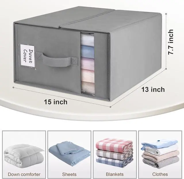 Alt view image 3 of 6 - 6 Pack Large Bed Sheet Organizers and Storage, (King & Queen Size) Sheet Organizer for Linen Closet, Foldable Bedding Storage Box with Window for Bedsheets, Blanket, Duvet Cover Grey