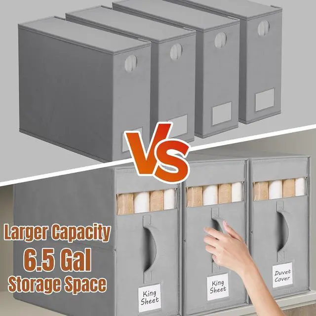 Alt view image 5 of 6 - 6 Pack Large Bed Sheet Organizers and Storage, (King & Queen Size) Sheet Organizer for Linen Closet, Foldable Bedding Storage Box with Window for Bedsheets, Blanket, Duvet Cover Grey