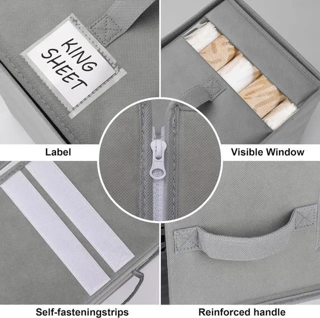 Alt view image 6 of 6 - 6 Pack Large Bed Sheet Organizers and Storage, (King & Queen Size) Sheet Organizer for Linen Closet, Foldable Bedding Storage Box with Window for Bedsheets, Blanket, Duvet Cover Grey