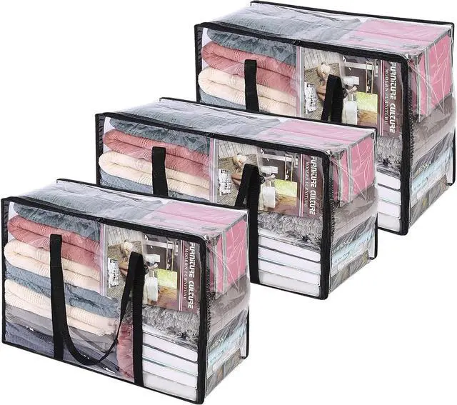 Main image of Vieshful 3 Pack 40L+60L+90L Clear Clothes Storage Bag, Zippered Closet Organizer, Plastic Storage Containers Moving bags for Comforter, Blanket, Bedding, Duvet, Toys