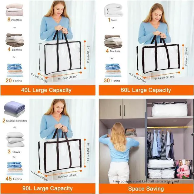 Alt view image 2 of 7 - Vieshful 3 Pack 40L+60L+90L Clear Clothes Storage Bag, Zippered Closet Organizer, Plastic Storage Containers Moving bags for Comforter, Blanket, Bedding, Duvet, Toys