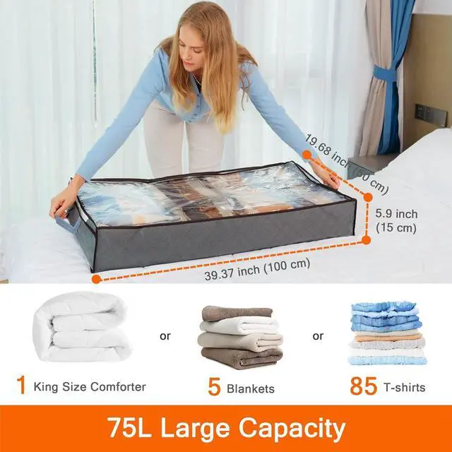 Alt view image 2 of 7 - Vieshful 3 Pack Underbed Storage Bags 75L Foldable Clothes Bag Large Capacity Storage Containers with Clear Window Reinforced Handles Zippered Organizer Non-Woven for Comforters Blankets Bedding