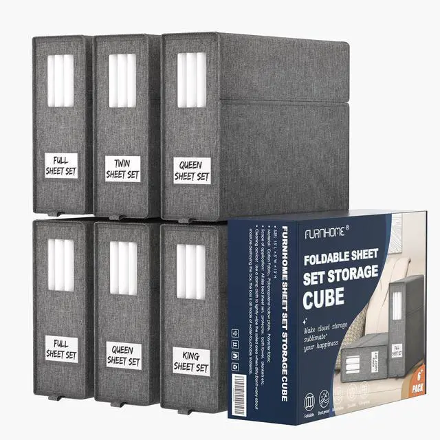 Main image of Furnhome 6 Pack Bed Sheet Storage,2024 Sheet Organizer for King/Queen/Full/Twin, Foldable Sheet Set Organizer, Sheet Storage Cube for Bedding Sheets, Duvet Covers and Pillowcases