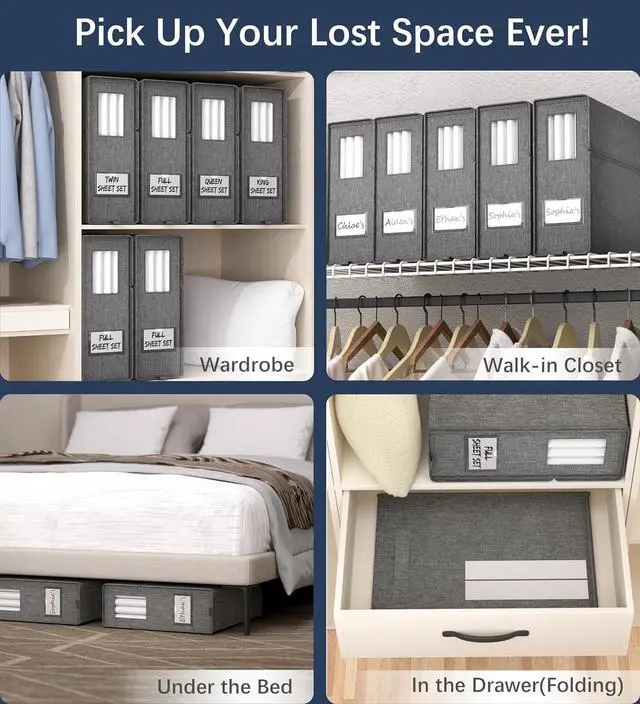 Alt view image 6 of 7 - Furnhome 6 Pack Bed Sheet Storage,2024 Sheet Organizer for King/Queen/Full/Twin, Foldable Sheet Set Organizer, Sheet Storage Cube for Bedding Sheets, Duvet Covers and Pillowcases