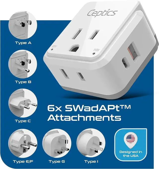 Alt view image 4 of 7 - Ceptics World Power Plug Adapter Set, Dual USB & USB-C 3.1A, 20W with QC-PD, 2 USA Outlet Compact & Powerful, Use In Europe, Asia, Australia, Japan, Includes Type A, B, C, E/F, G, I SWadAPt Attachment