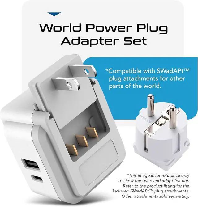 Alt view image 5 of 7 - Ceptics World Power Plug Adapter Set, Dual USB & USB-C 3.1A, 20W with QC-PD, 2 USA Outlet Compact & Powerful, Use In Europe, Asia, Australia, Japan, Includes Type A, B, C, E/F, G, I SWadAPt Attachment